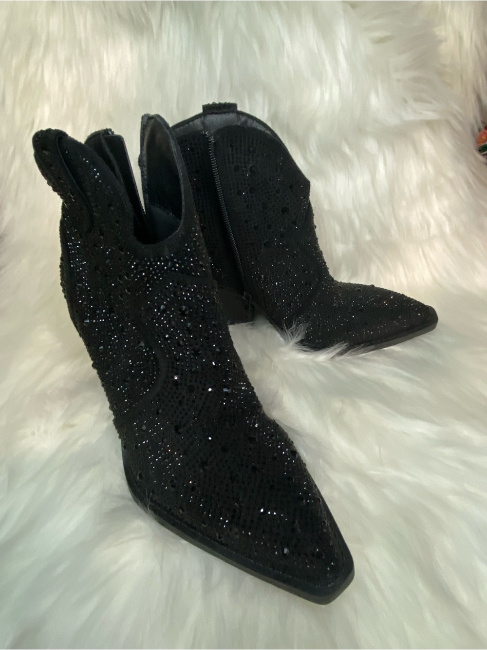 Very G Black Crystal-Accent Pointed Toe Ankle Booties